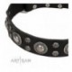 Black Leather Dog Collar with Chrome Plated Decor - Round Delicacy" Handcrafted by Artisan"