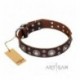 Brown Leather Dog Collar with Chrome Plated Decor - Fancy Charm Handcrafted by Artisan""