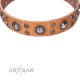 Tan Leather Dog Collar with Chrome Plated Decor - Floral Fashion Handcrafted by Artisan""