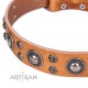 Tan Leather Dog Collar with Chrome Plated Decor - Floral Fashion Handcrafted by Artisan""