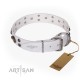 White Leather Dog Collar with Chrome-plated Decor - Pure Delicacy Handcrafted by Artisan""