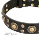 Black Leather Dog Collar with Brass Decor - Golden Beauty" Handcrafted by Artisan"