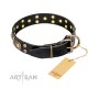 Black Leather Dog Collar with Brass Decor - Golden Beauty" Handcrafted by Artisan"