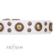 White Leather Dog Collar with Brass Decor - Golden Purity" Handcrafted by Artisan"