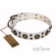 White Leather Dog Collar with Brass Decor - Golden Purity" Handcrafted by Artisan"