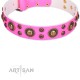 Pink Leather Dog Collar with Brass Decor - Shiny Beauty Handcrafted by Artisan""