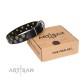 Black Leather Dog Collar with Brass and Chrome-plated Decor - Fabulous Circles Handcrafted by Artisan""