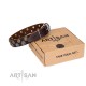 Brown Leather Dog Collar with Brass and Chrome-plated Decor - Exquisite Circles Handcrafted by Artisan""