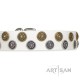 White Leather Dog Collar with Brass and Chrome-plated Decor - Pure Circles Handcrafted by Artisan""