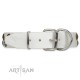 White Leather Dog Collar with Brass and Chrome-plated Decor - Pure Circles Handcrafted by Artisan""