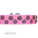 Pink Leather Dog Collar with Brass and Chrome-plated Decor - Zesty Circles" Handcrafted by Artisan"