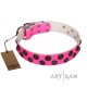 Pink Leather Dog Collar with Brass and Chrome-plated Decor - Zesty Circles" Handcrafted by Artisan"