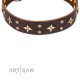 Brown Leather Dog Collar with Brass Decor - Dainty Stars Handcrafted by Artisan""