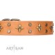 Tan Leather Dog Collar with Brass Decor - Jaunty Stars" Handcrafted by Artisan"