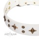 White Leather Dog Collar with Brass Decor - Refined Stars" Handcrafted by Artisan"