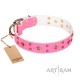 Pink Leather Dog Collar with Brass Decor - Trendy Stars Handcrafted by Artisan""