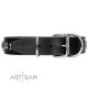 Black Leather Dog Collar with Chrome-plated Decor - Unique Squares" Handcrafted by Artisan"