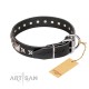 Black Leather Dog Collar with Chrome-plated Decor - Unique Squares" Handcrafted by Artisan"