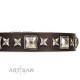 Brown Leather Dog Collar with Chrome-plated Decor - Special Squares" Handcrafted by Artisan"