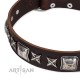 Brown Leather Dog Collar with Chrome-plated Decor - Special Squares" Handcrafted by Artisan"