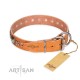Tan Leather Dog Collar with Chrome-plated Decor - Exceptional Squares" Handcrafted by Artisan"