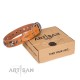 Tan Leather Dog Collar with Chrome-plated Decor - Exceptional Squares" Handcrafted by Artisan"