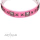 Pink Leather Dog Collar with Chrome-plated Decor - Fancy Squares Handcrafted by Artisan""