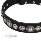 Black Leather Dog Collar with Chrome-plated Decor - Glorious Shields" Handcrafted by Artisan""