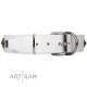 White Leather Dog Collar with Chrome Plated Decor - Exquisite Shields" Handcrafted by Artisan"