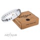 White Leather Dog Collar with Chrome Plated Decor - Exquisite Shields" Handcrafted by Artisan"