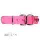 Pink Leather Dog Collar with Chrome Plated Decor - On-Trend Shields" Handcrafted by Artisan"