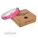 Pink Leather Dog Collar with Chrome Plated Decor - On-Trend Shields" Handcrafted by Artisan"