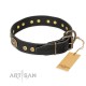 Black Leather Dog Collar with Brass Plated Decor - Studded Charm" Handcrafted by Artisan"