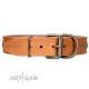 Decorated Tan Leather Dog Collar - Studded Finesse" Brass Decor Handcrafted by Artisan"