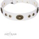 Decorated White Leather Dog Collar - Studded Grace" Brass Decor Handcrafted by Artisan"