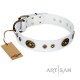 Decorated White Leather Dog Collar - Studded Grace" Brass Decor Handcrafted by Artisan"