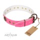 Decorated Pink Leather Dog Collar - Studded Stylishness" Brass Decor Handcrafted by Artisan"