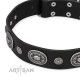 Decorated Black Leather Dog Collar - Ornamental Groove" Handcrafted by Artisan"