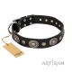 Decorated Black Leather Dog Collar - Ornamental Groove" Handcrafted by Artisan"