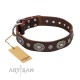 Decorated Brown Leather Dog Collar - Ornamental Groove" Handcrafted by Artisan"