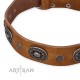 Decorated Tan Leather Dog Collar - Ornamental Groove" Handcrafted by Artisan"