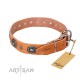 Decorated Tan Leather Dog Collar - Ornamental Groove" Handcrafted by Artisan"