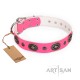Decorated Pink Leather Dog Collar - "Ornamental Groove" Handcrafted by Artisan