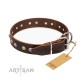 Studded Brown Leather Dog Collar - "Flourishing Beaute" Handcrafted by Artisan