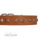 Studded Tan Leather Dog Collar - "Flourishing Beaute" Handcrafted by Artisan