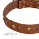 Studded Tan Leather Dog Collar - "Flourishing Beaute" Handcrafted by Artisan