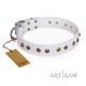 Studded White Leather Dog Collar - "Flourishing Beaute" Handcrafted by Artisan