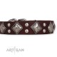 Brown Leather Dog Collar with Chrome-plated Decor - Unconventional Allure" Handcrafted by Artisan"
