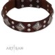 Brown Leather Dog Collar with Chrome-plated Decor - Unconventional Allure" Handcrafted by Artisan"