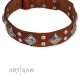 Tan Leather Dog Collar with Chrome-plated Decor - Unconventional Allure" Handcrafted by Artisan"